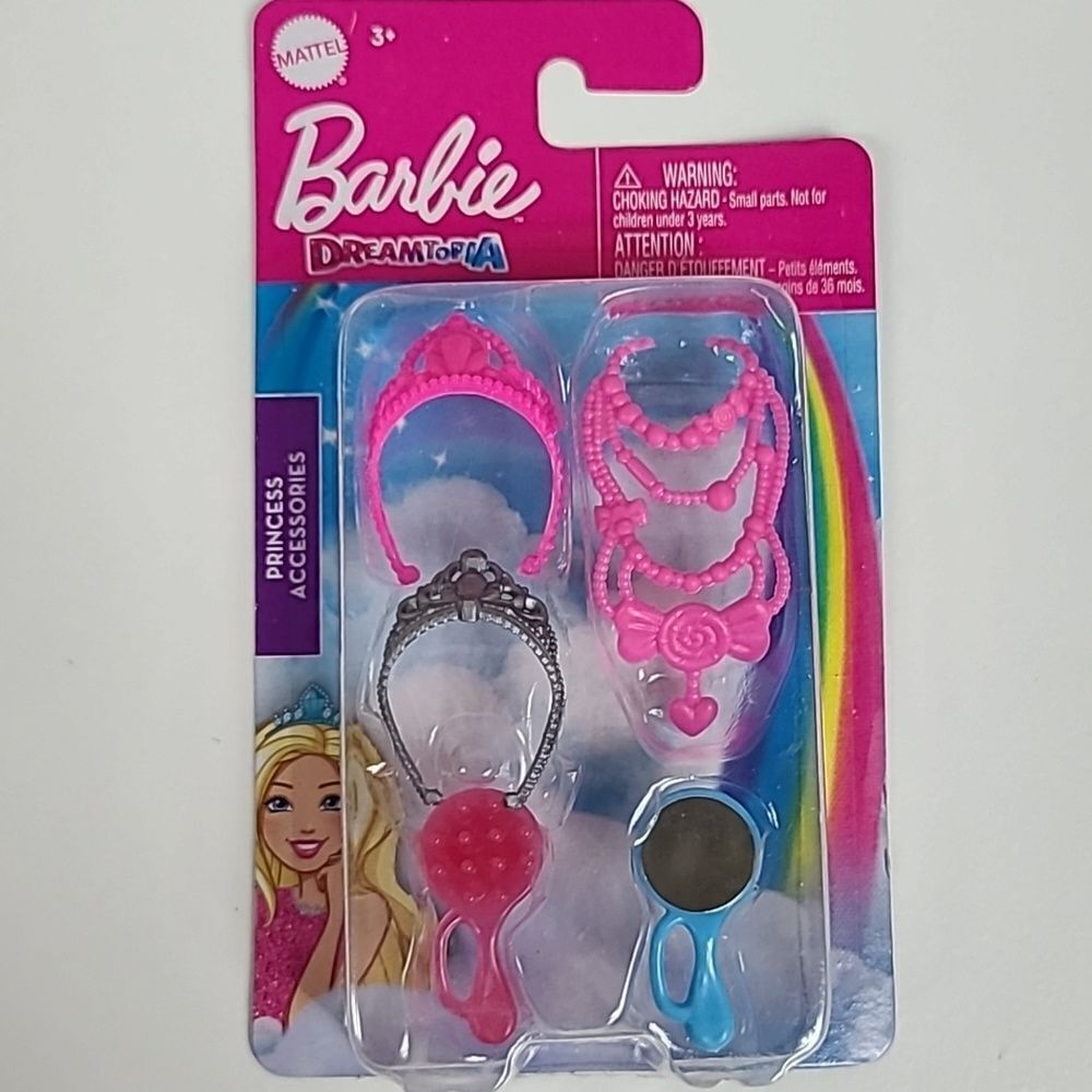 Barbie Doll Accessory Pack Princess Crown Jewelry Necklace Mirror Brush Toy Set